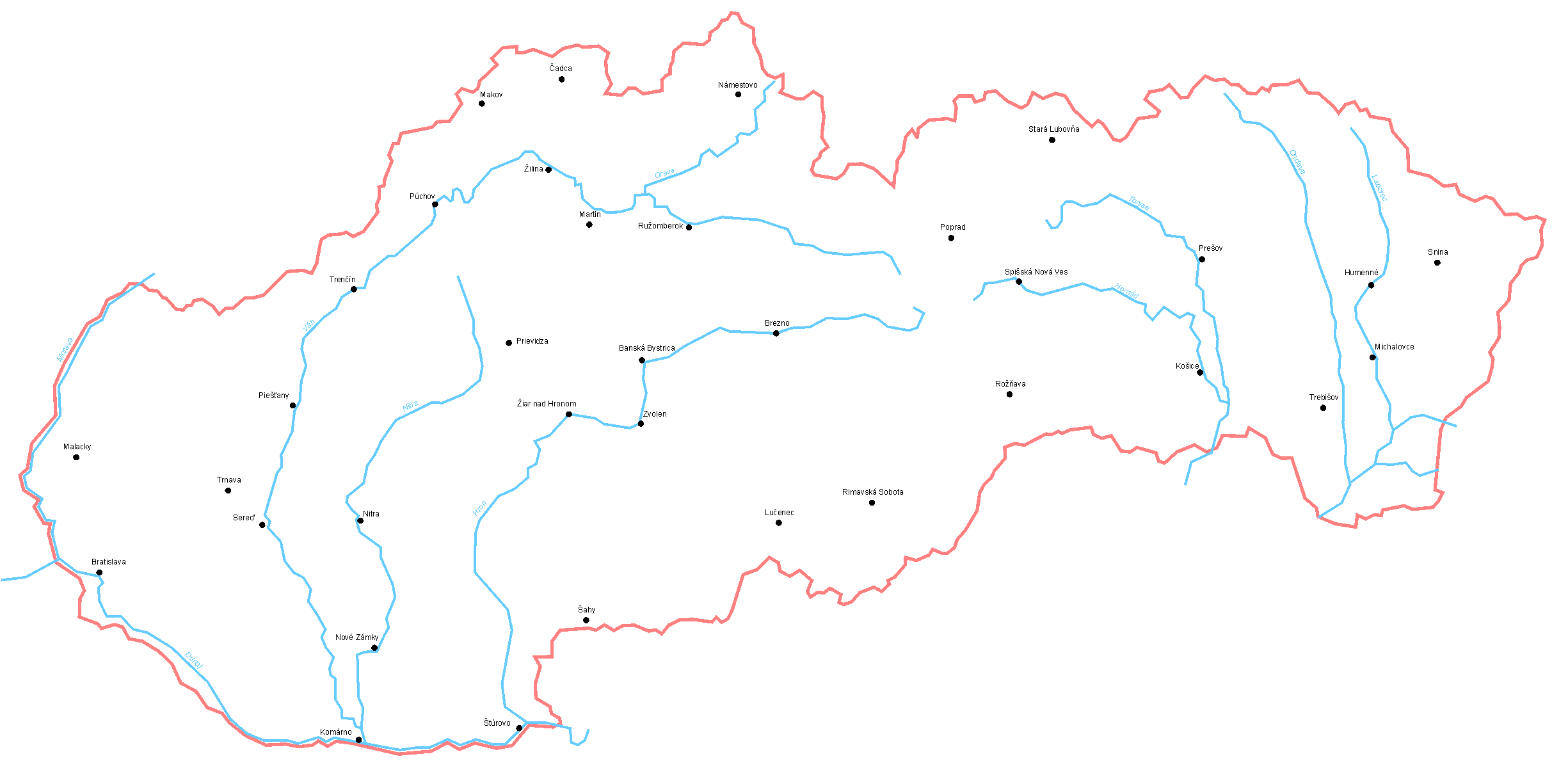 Mapa Slovenské republiky se známkovými místy